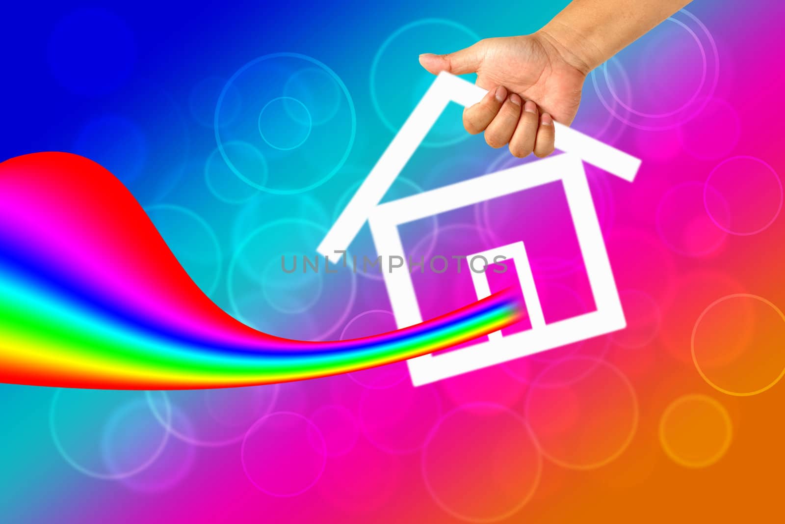 Hand and icon house with Rainbow