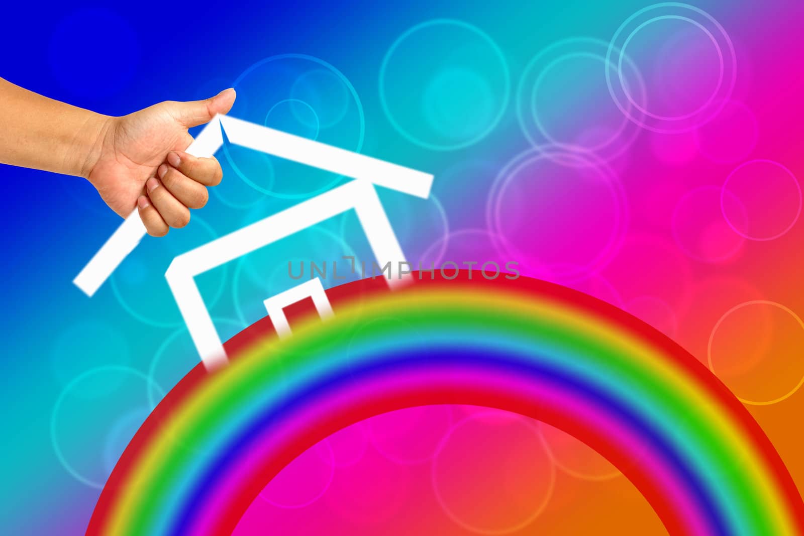 Hand and icon house with Rainbow