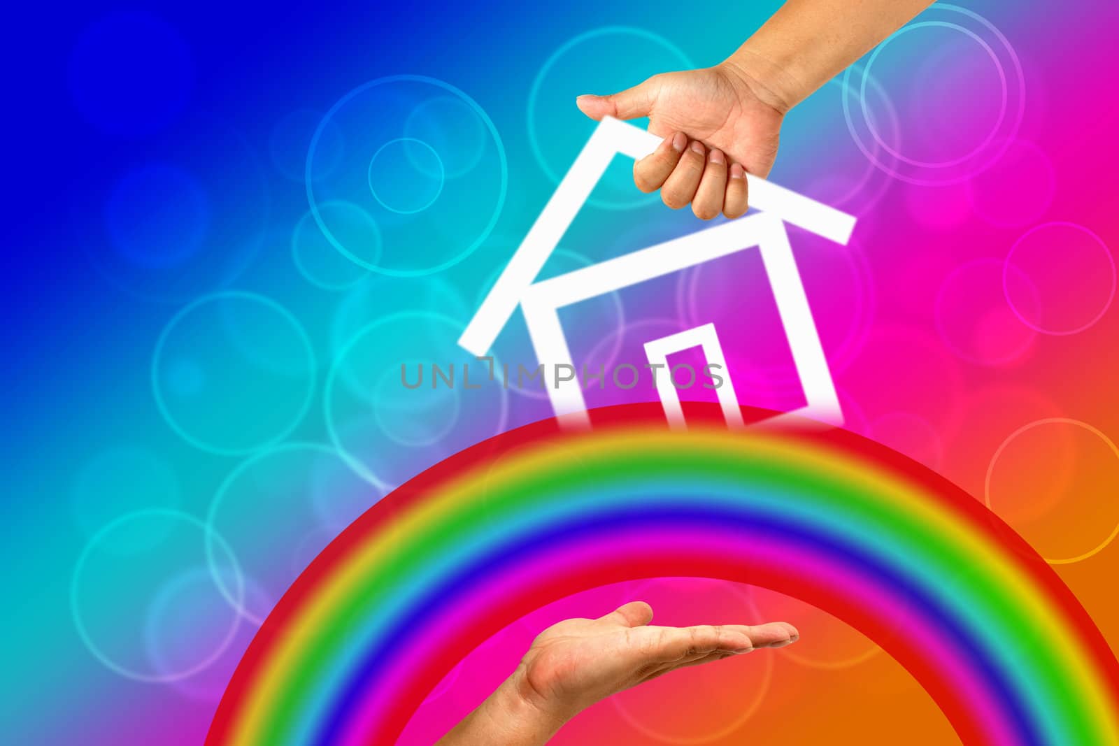 Hand and icon house with Rainbow