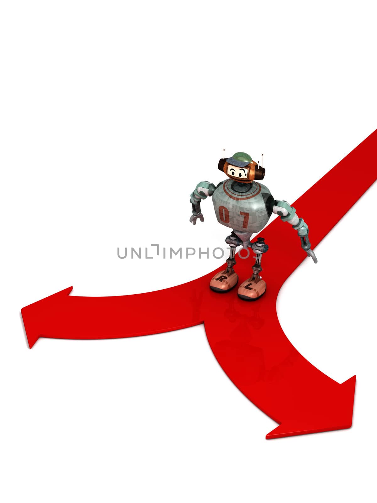 Djoby the robot blocked by two choices with a white background