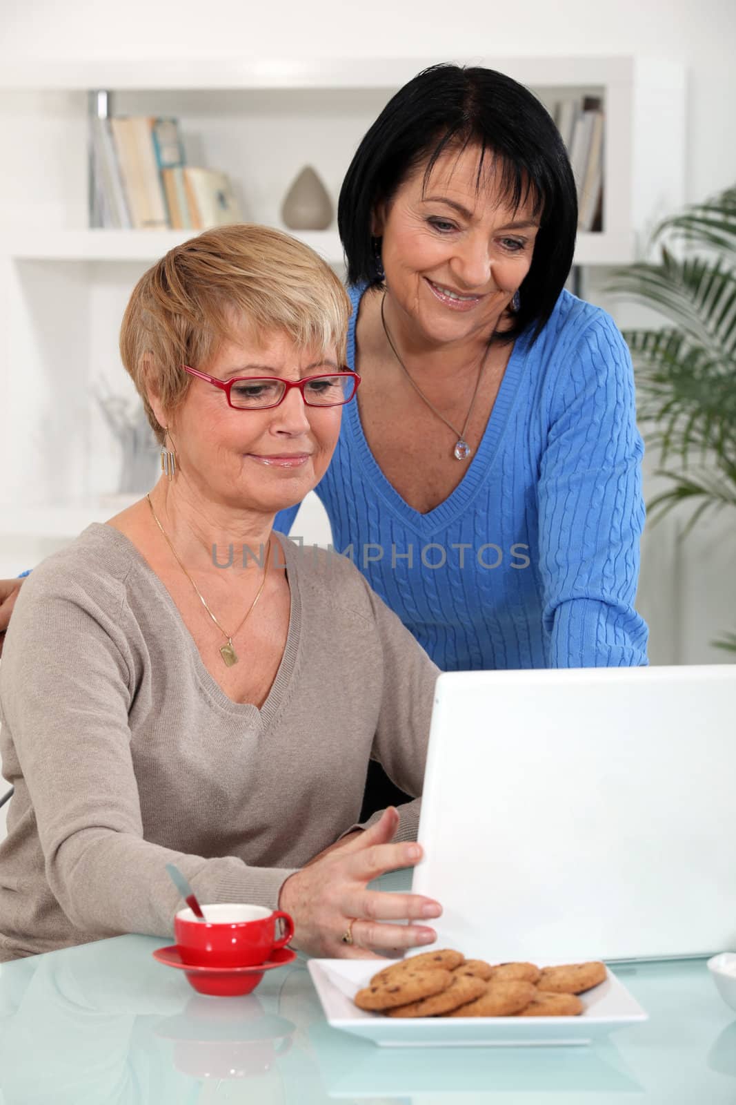 Mature women in front of a notebook at home by phovoir