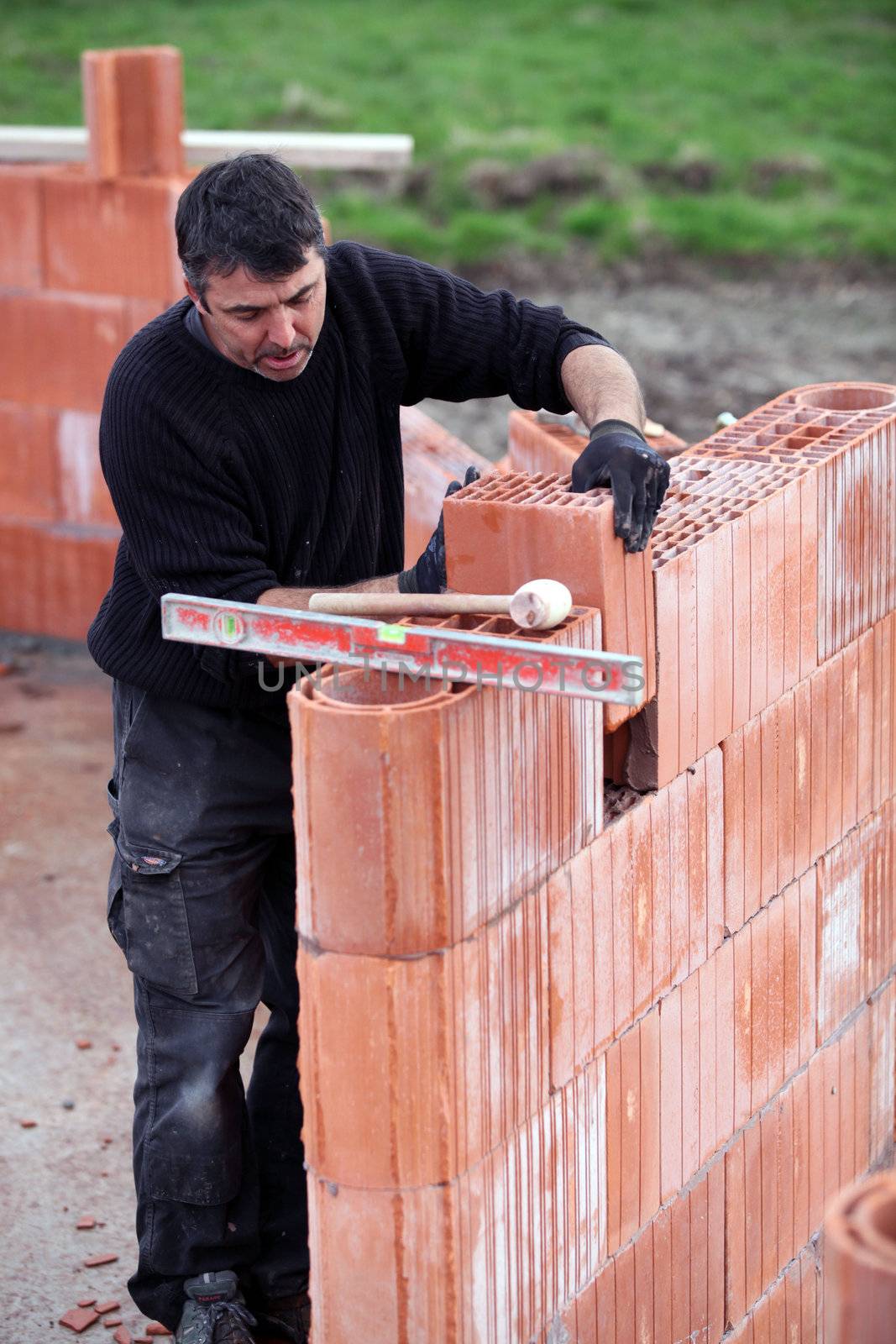 Mason building brick wall by phovoir