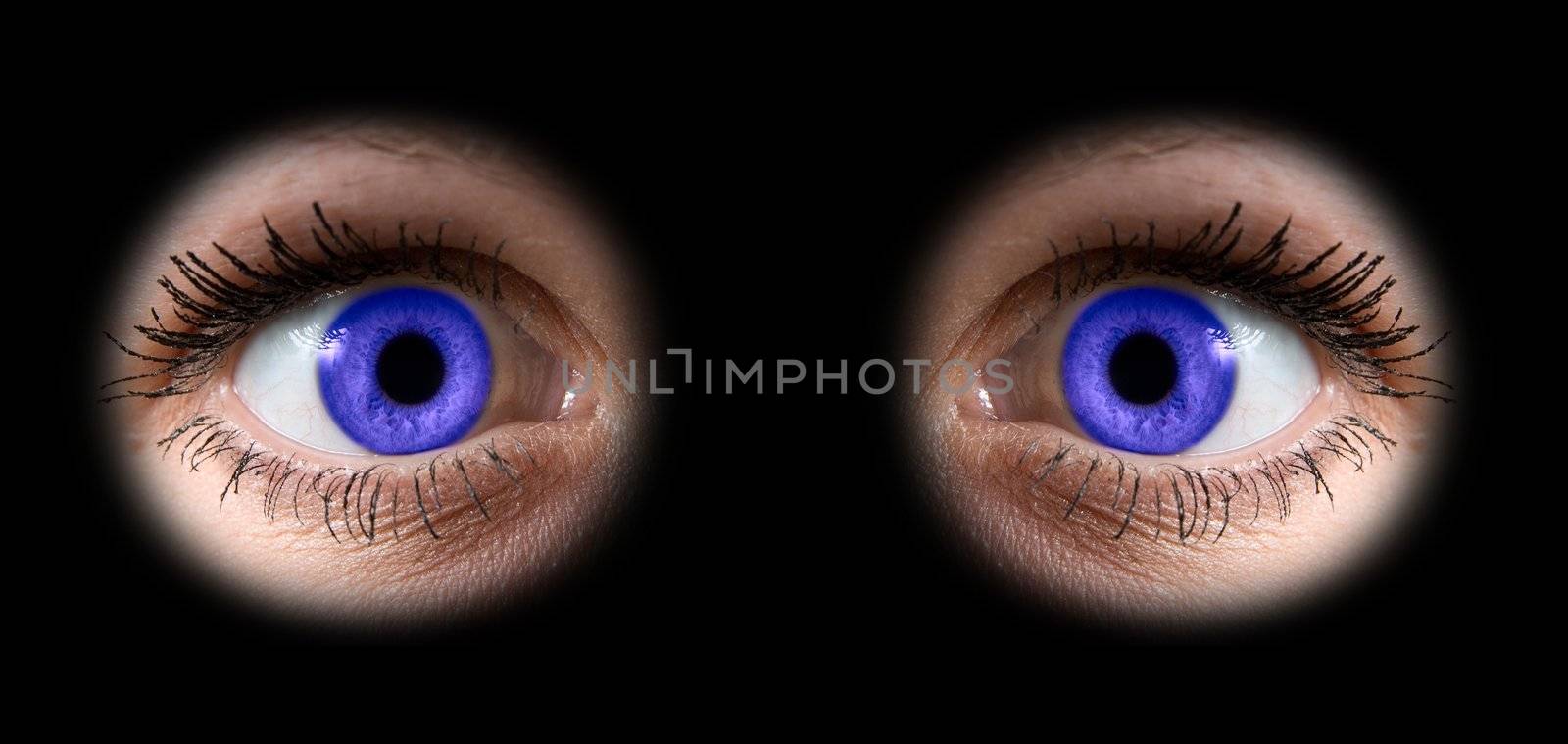 Close up of a woman blue eyes on black