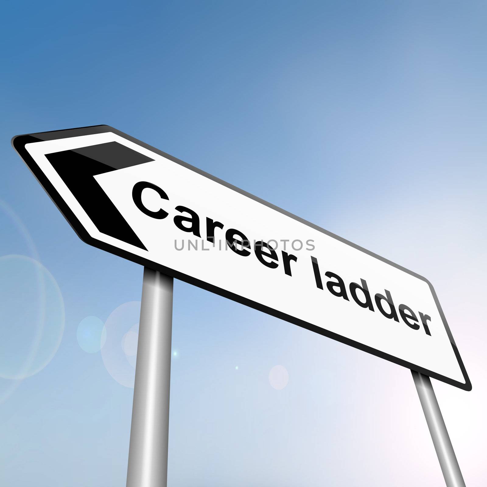 illustration depicting a sign post with directional arrow containing a career ladder concept. Blurred background.