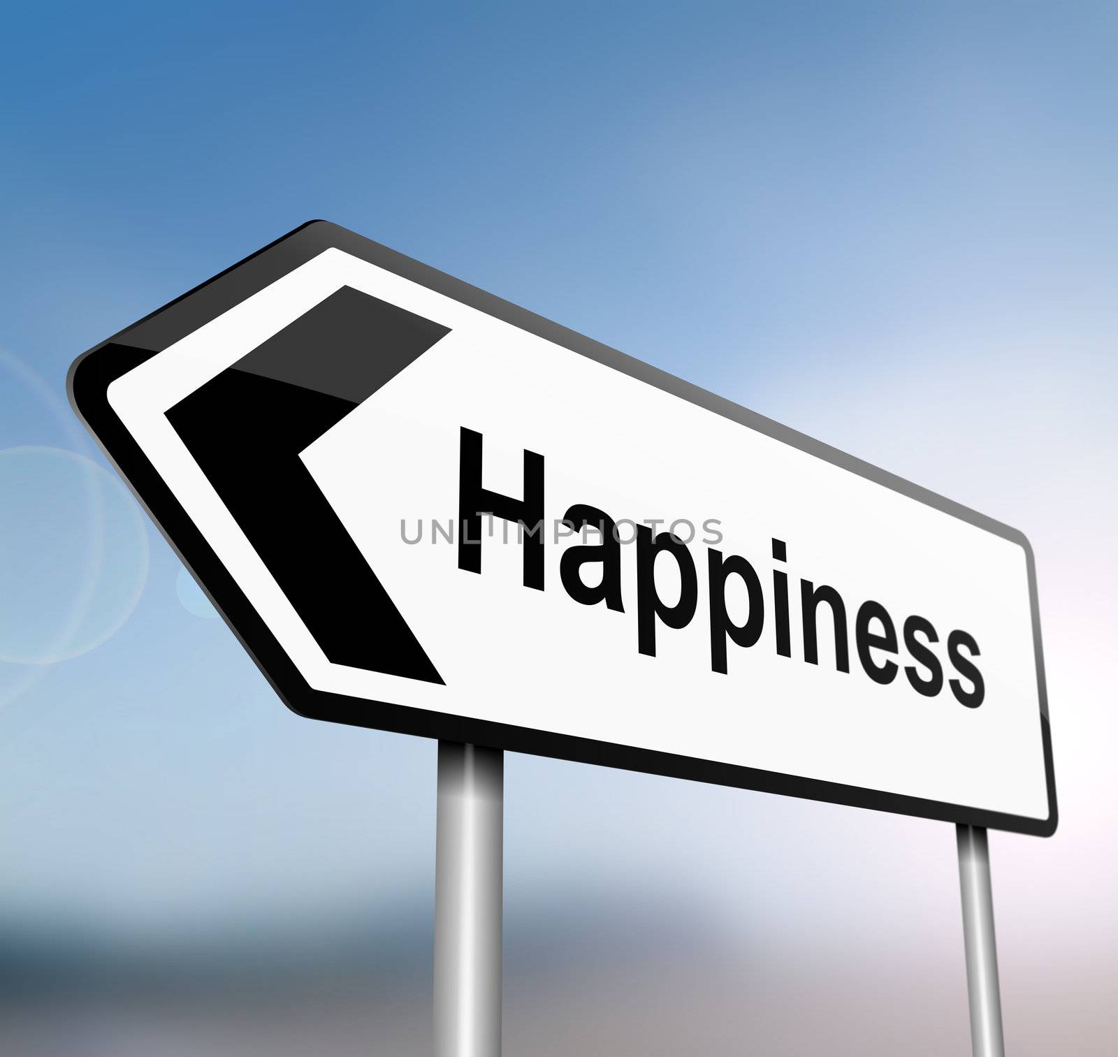 illustration depicting a sign post with directional arrow containing a happiness concept. Blurred background.