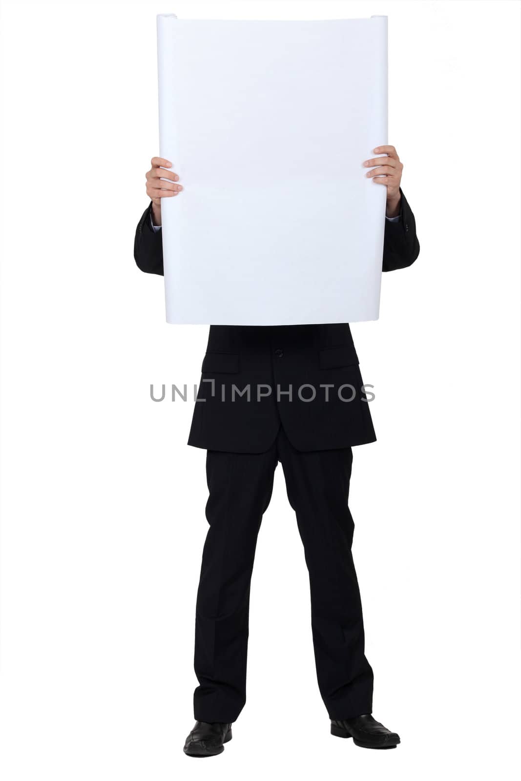 Man hidden behind a white panel for message by phovoir