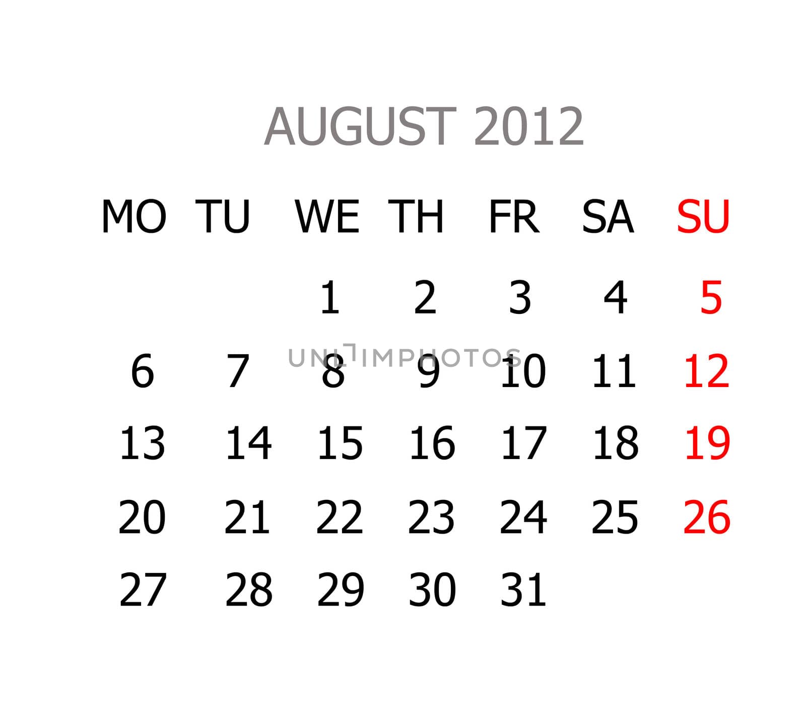 Simple calendar for years 2012
