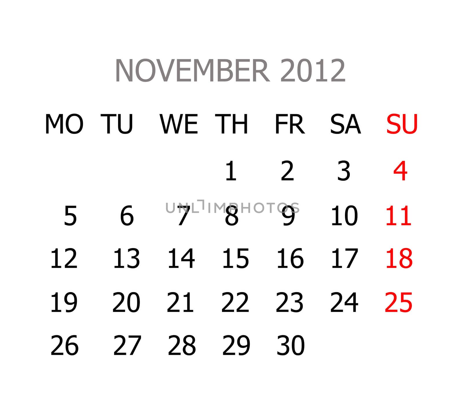 Simple calendar for years 2012
