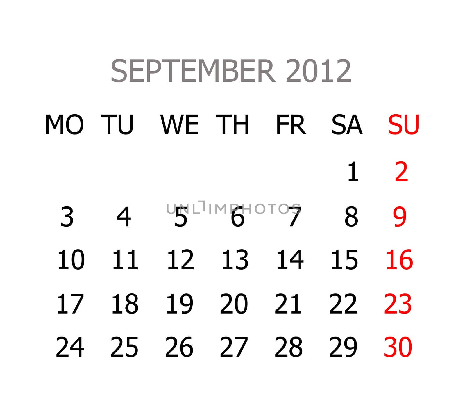 Simple calendar for years 2012