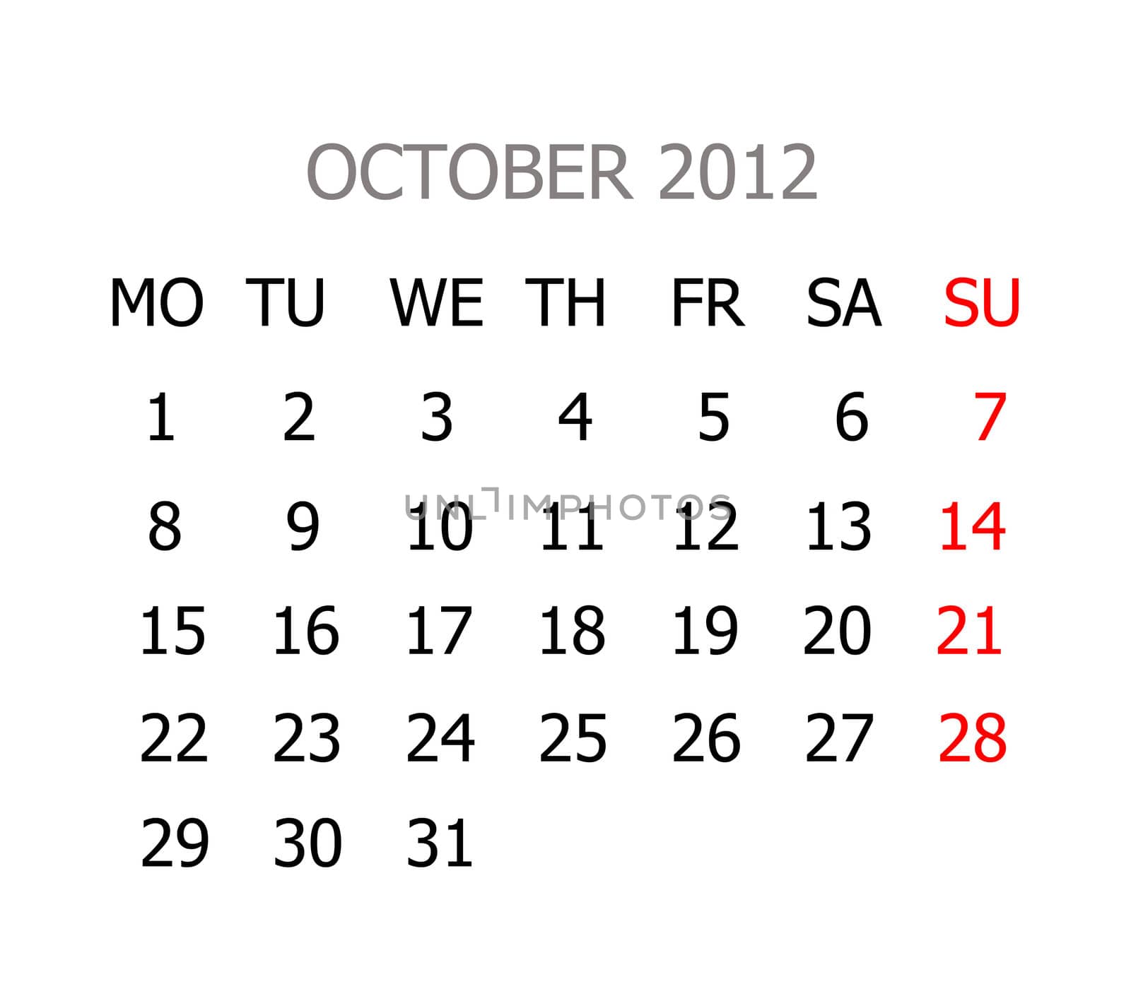 Simple calendar for years 2012