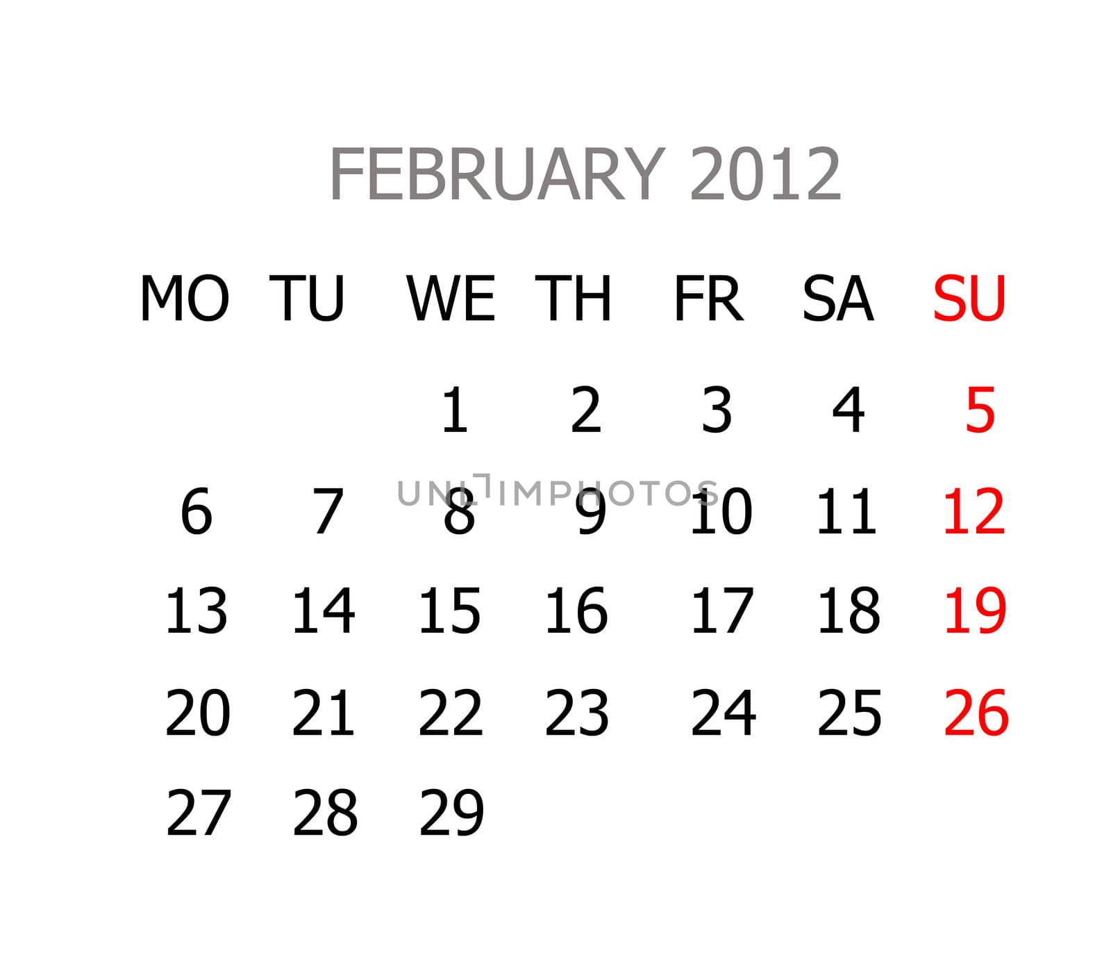 Simple calendar for years 2012