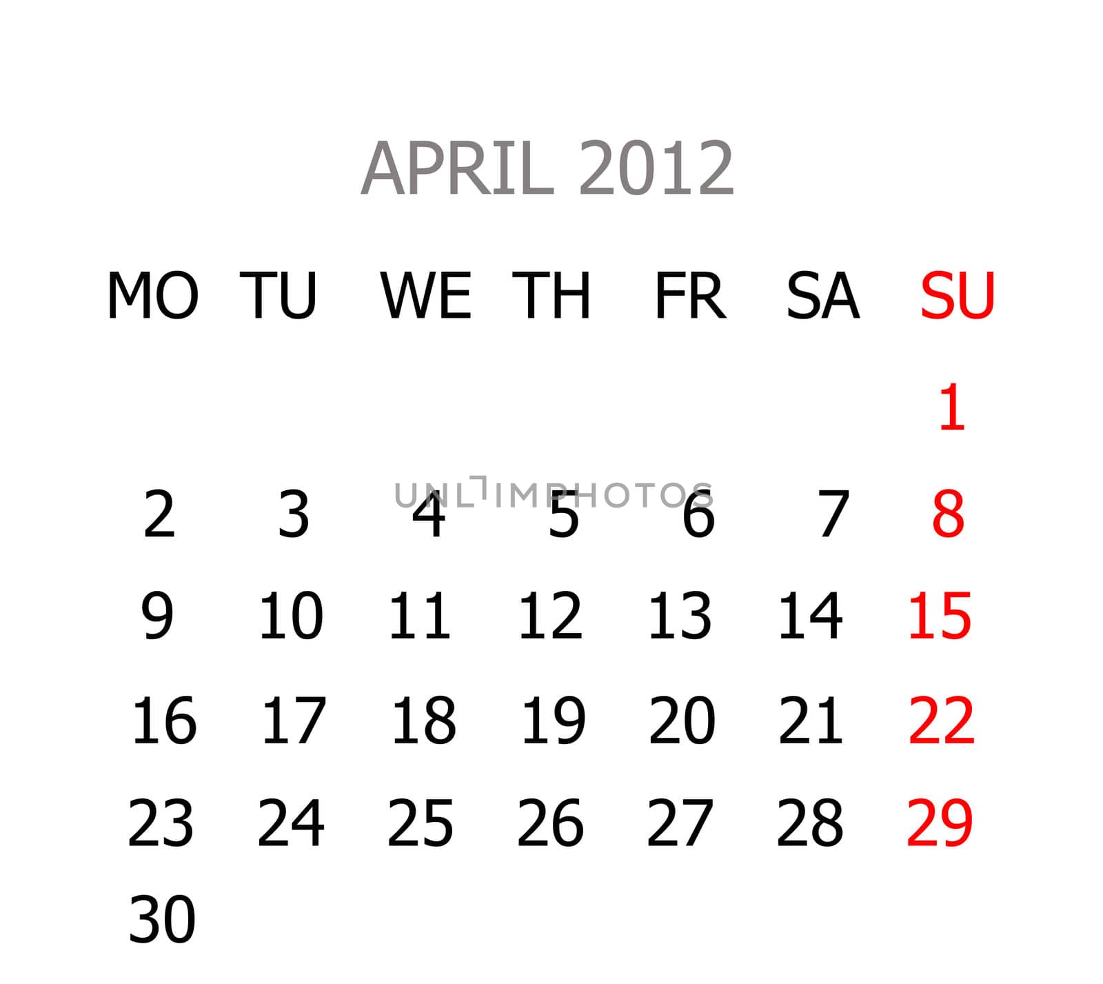 Simple calendar for years 2012