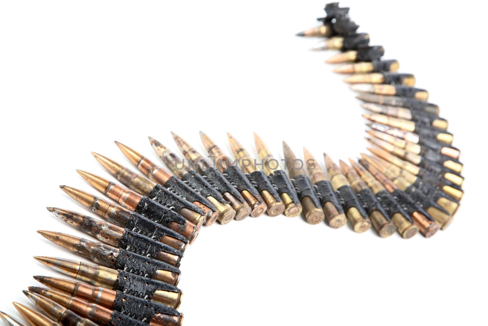 Machine-gun tape with cartridges of times  Second World War on a white background