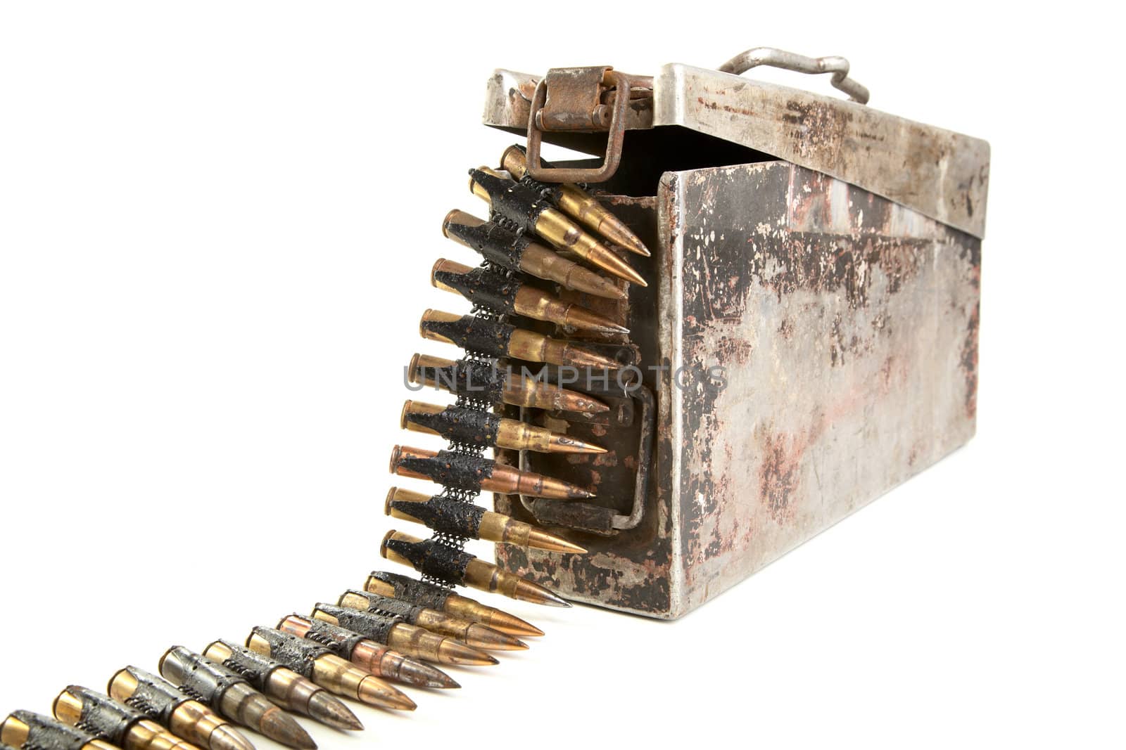 Machine-gun tape with cartridges of times  Second World War on a white background