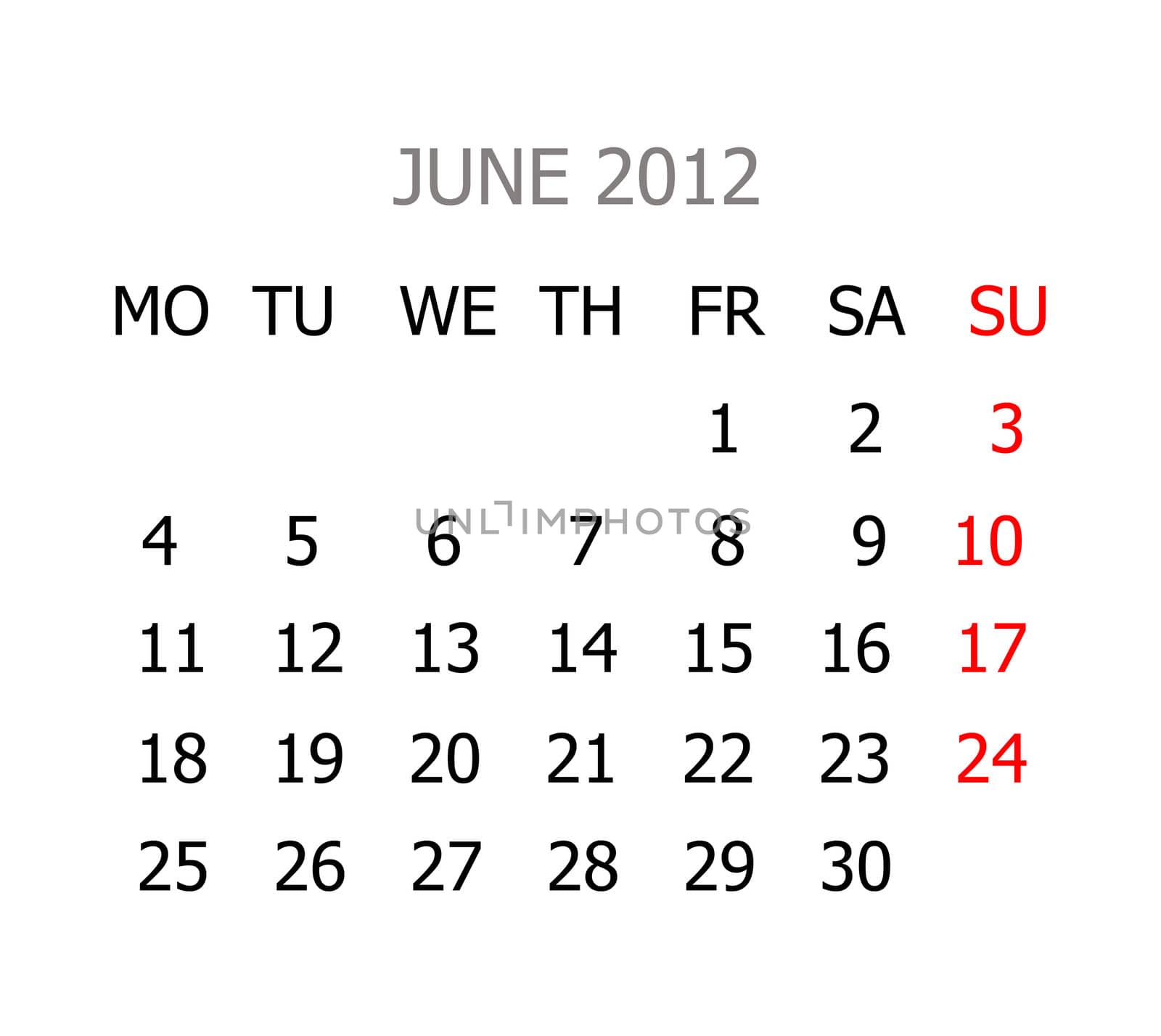 Simple calendar for years 2012