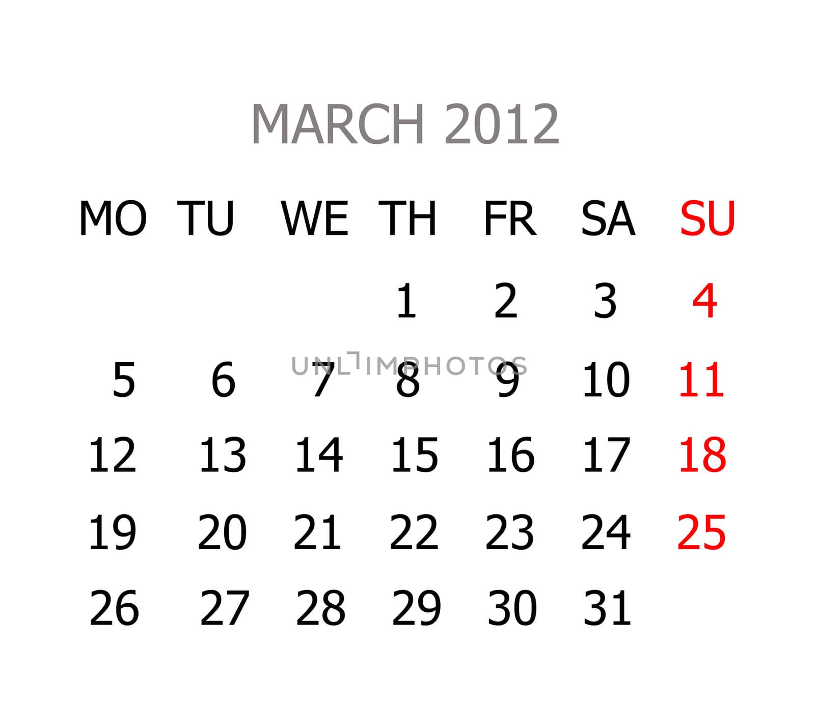 Simple calendar for years 2012