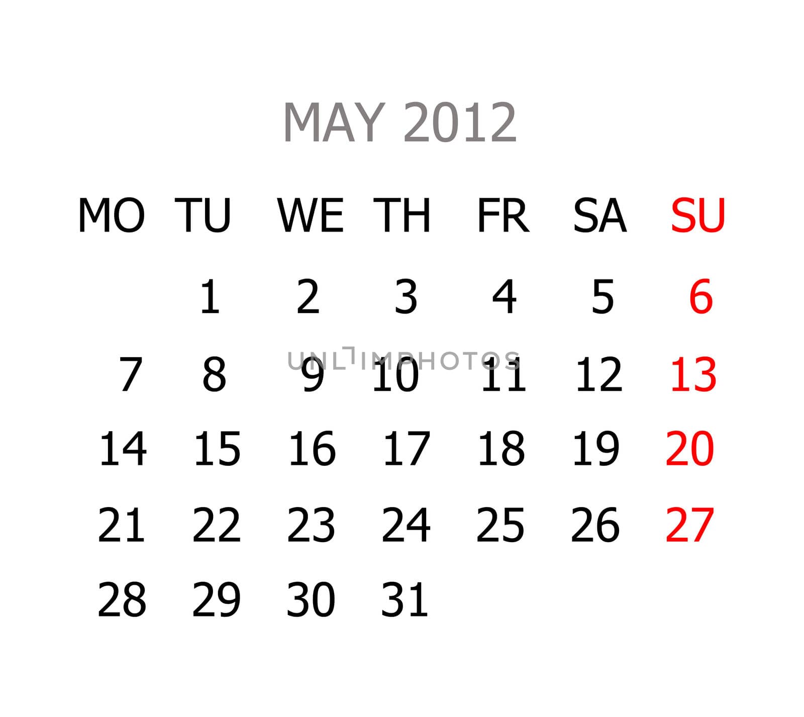 Simple calendar for years 2012