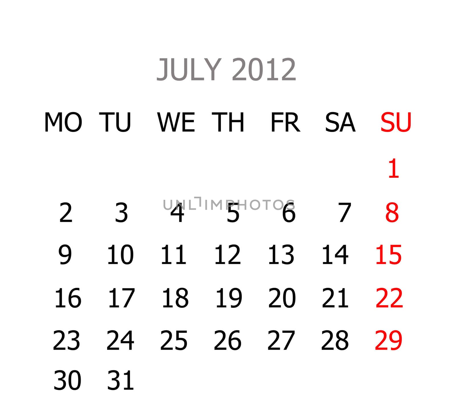 Simple calendar for years 2012
