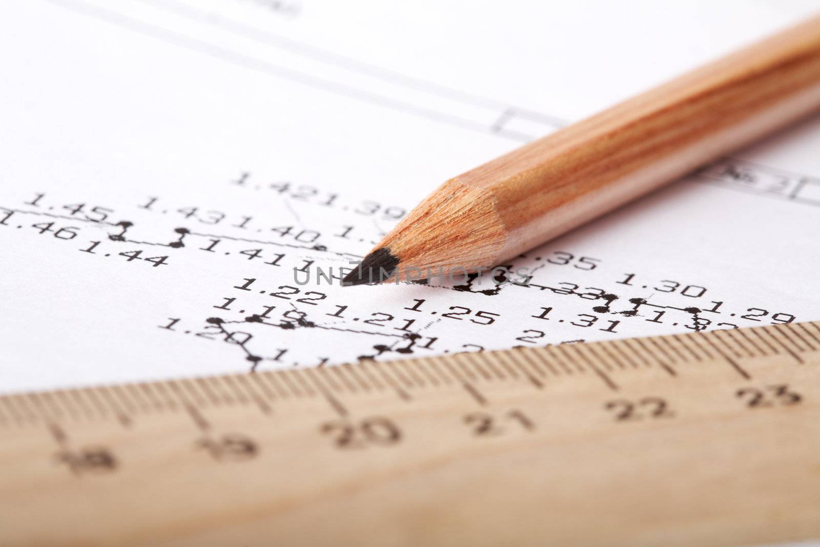 wooden ruler and pencil lay on the drawing