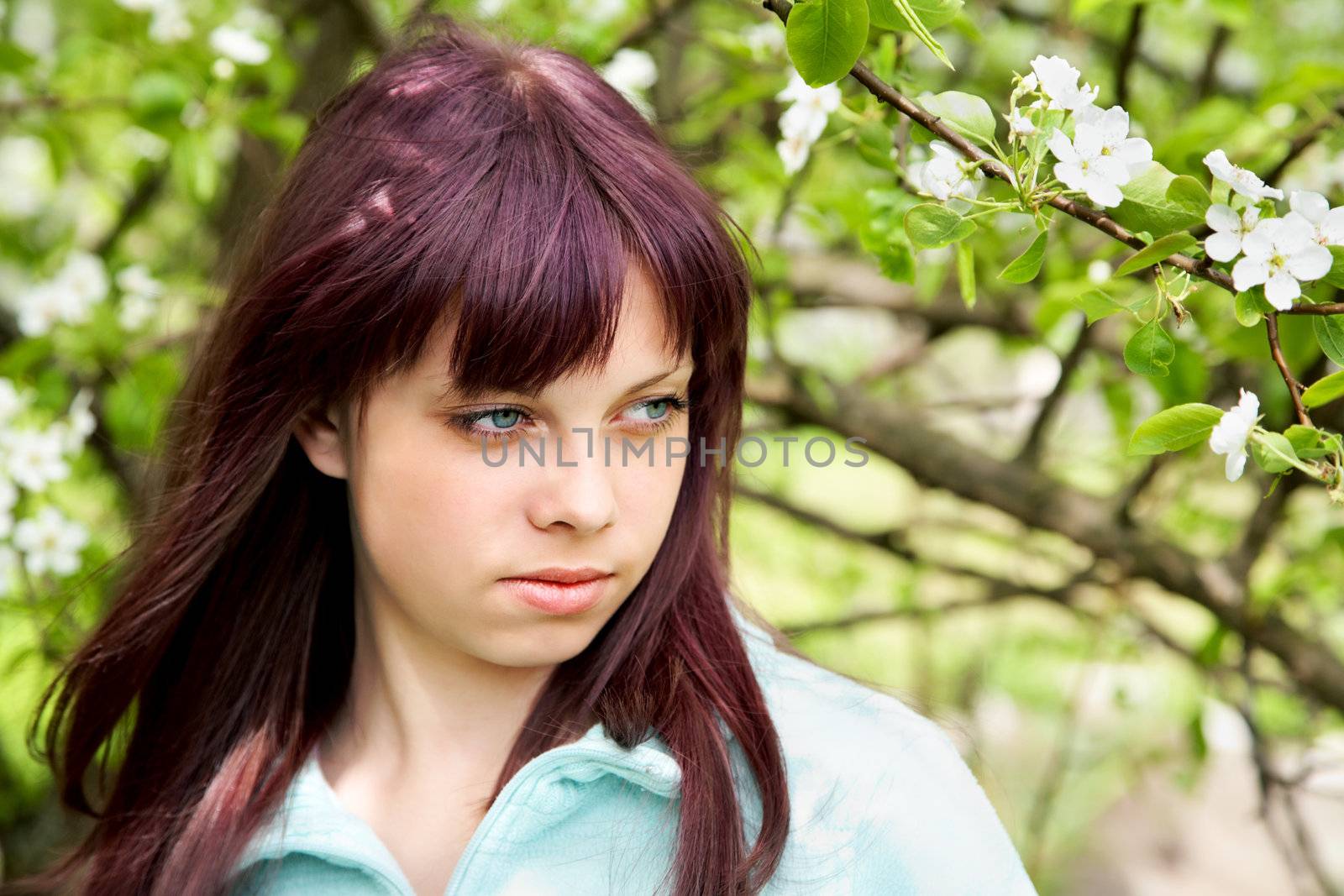 girl  teenager against a blossoming pear in the spring afternoon
