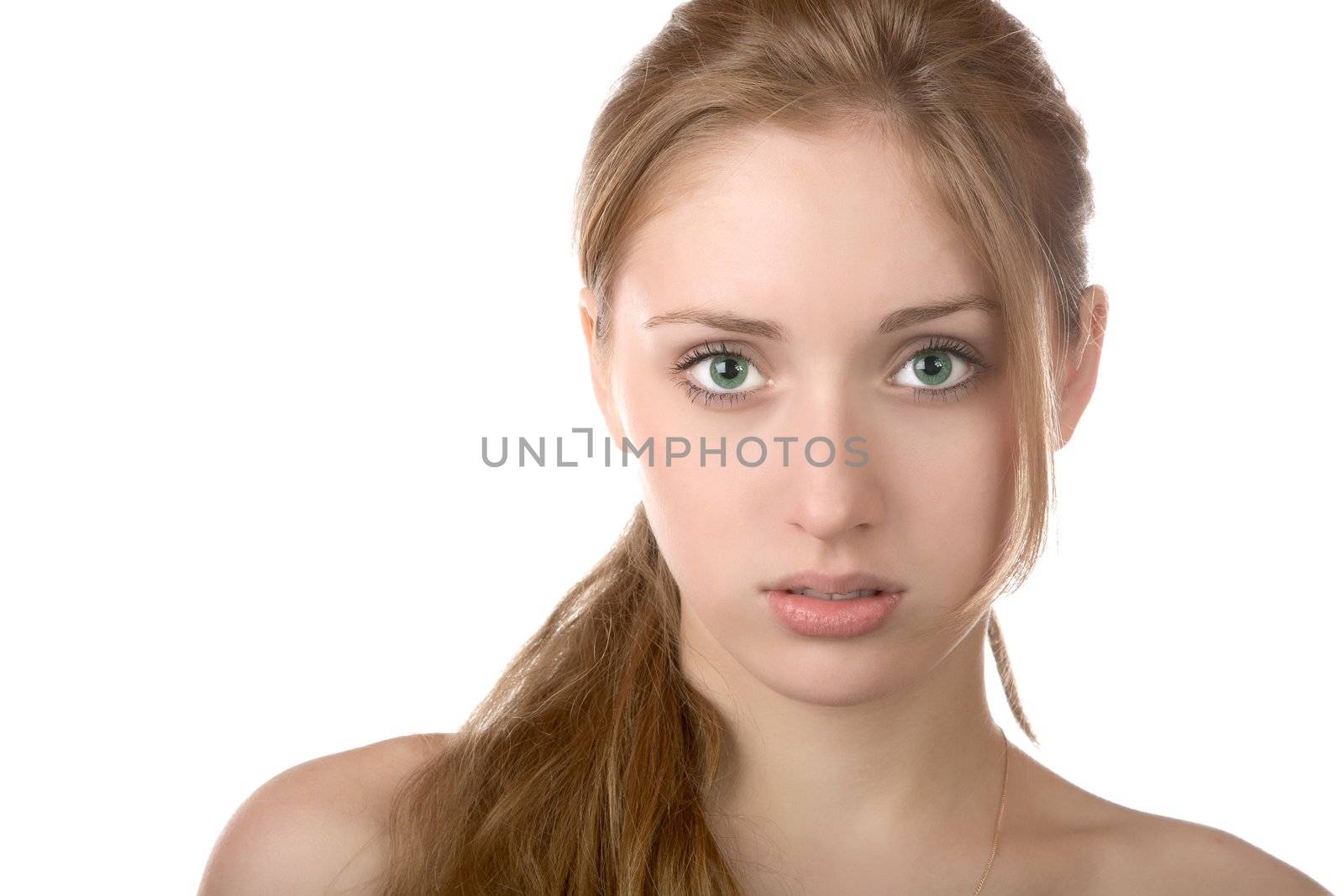 Portrait of the girl with green eyes on a white background