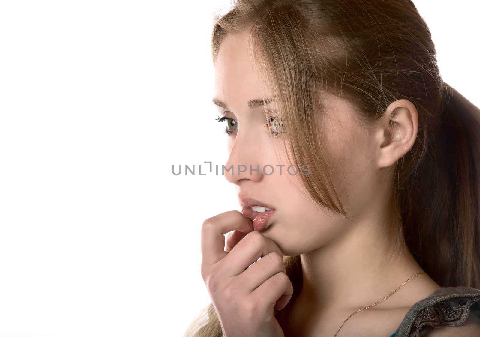 girl in the upset feelings close up on a white background