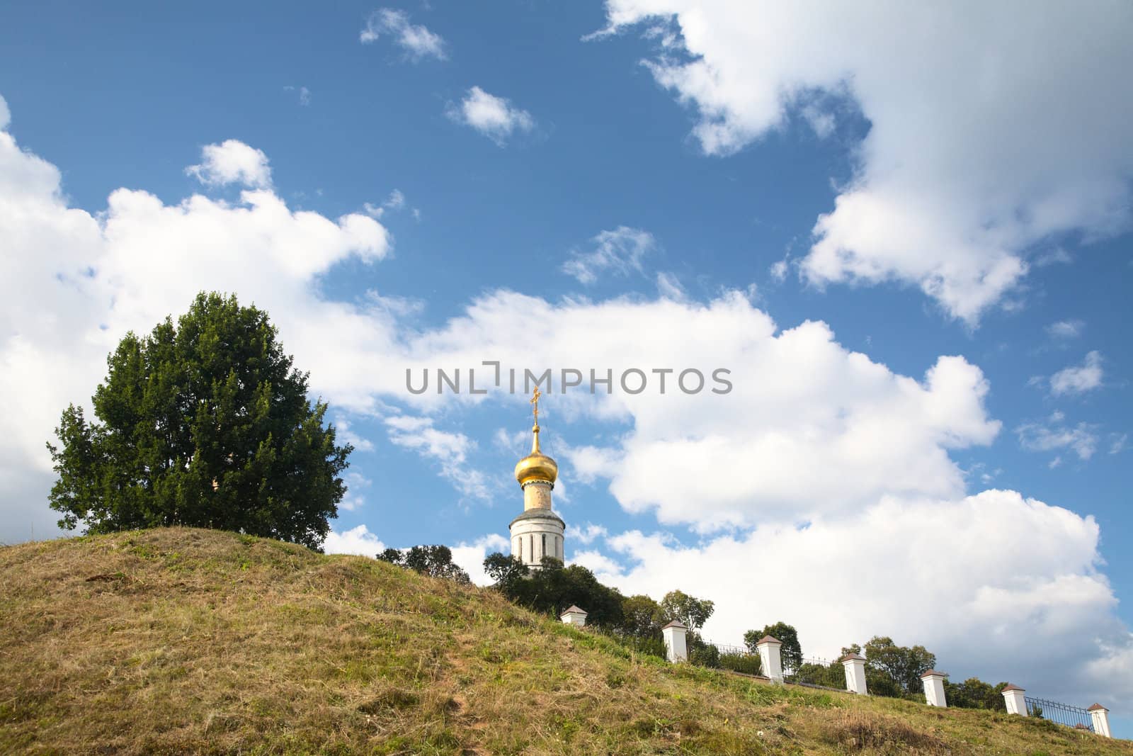 Orthodox church against the sky with clouds