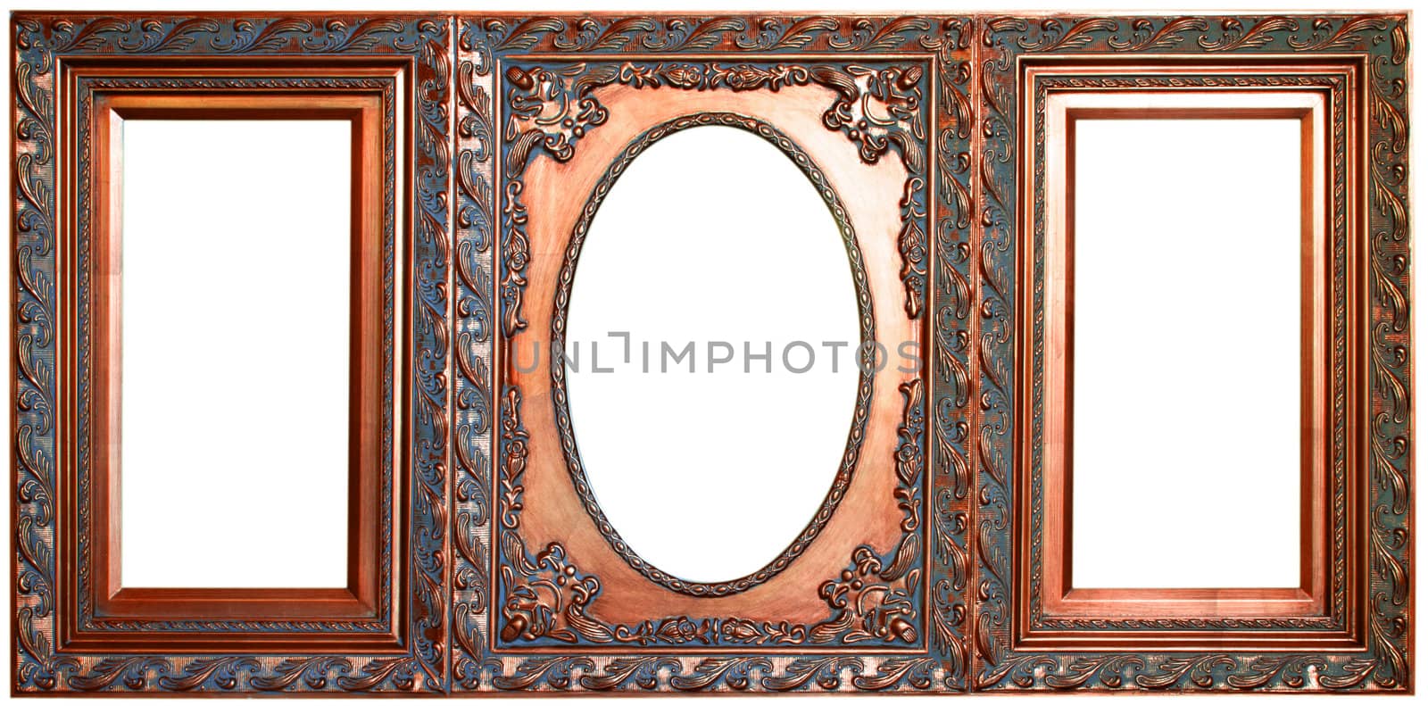 Antique look gold color picture frame isolated on white.