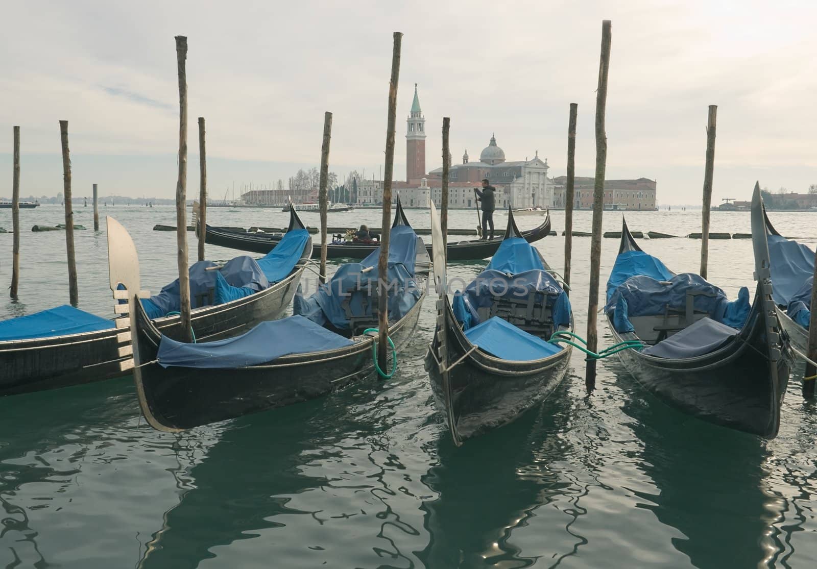 Gondolas in Venice, opposite the island of San Giorgio in winter