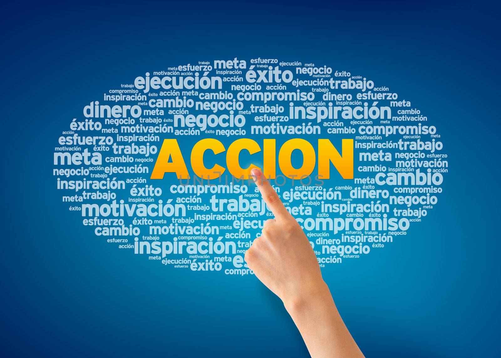 Hand pointing at am Accion word cloud on blue background.