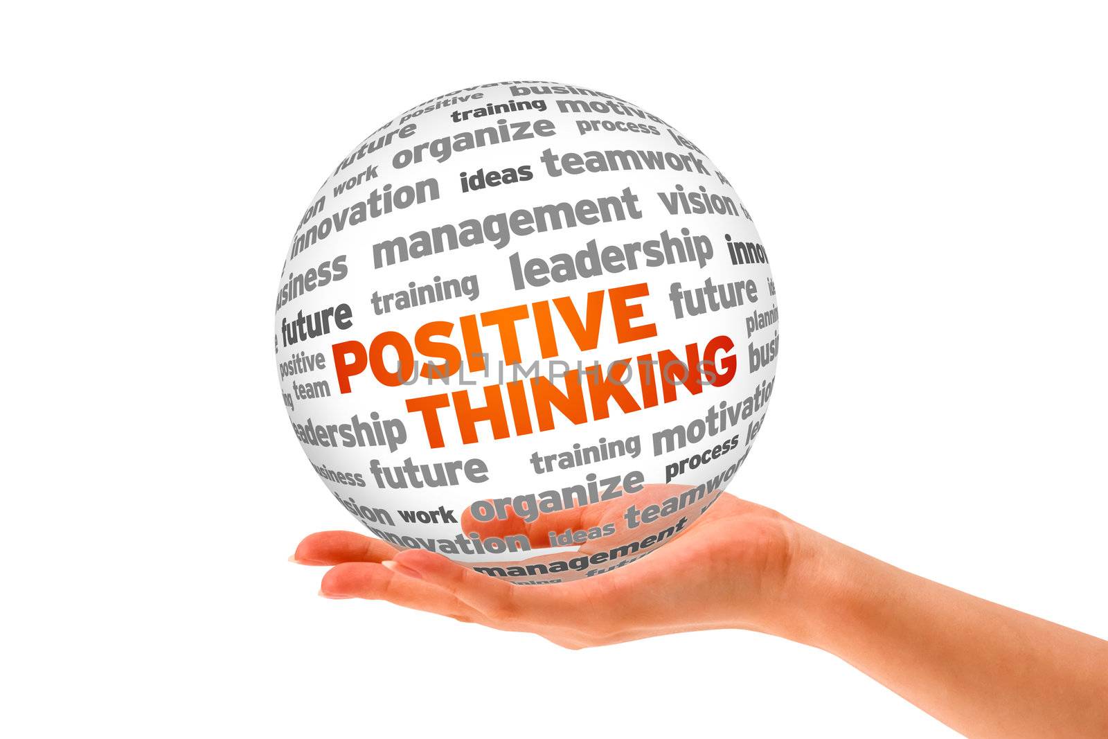 Hand holding a Positive Thinking 3d word Sphere on white background. 