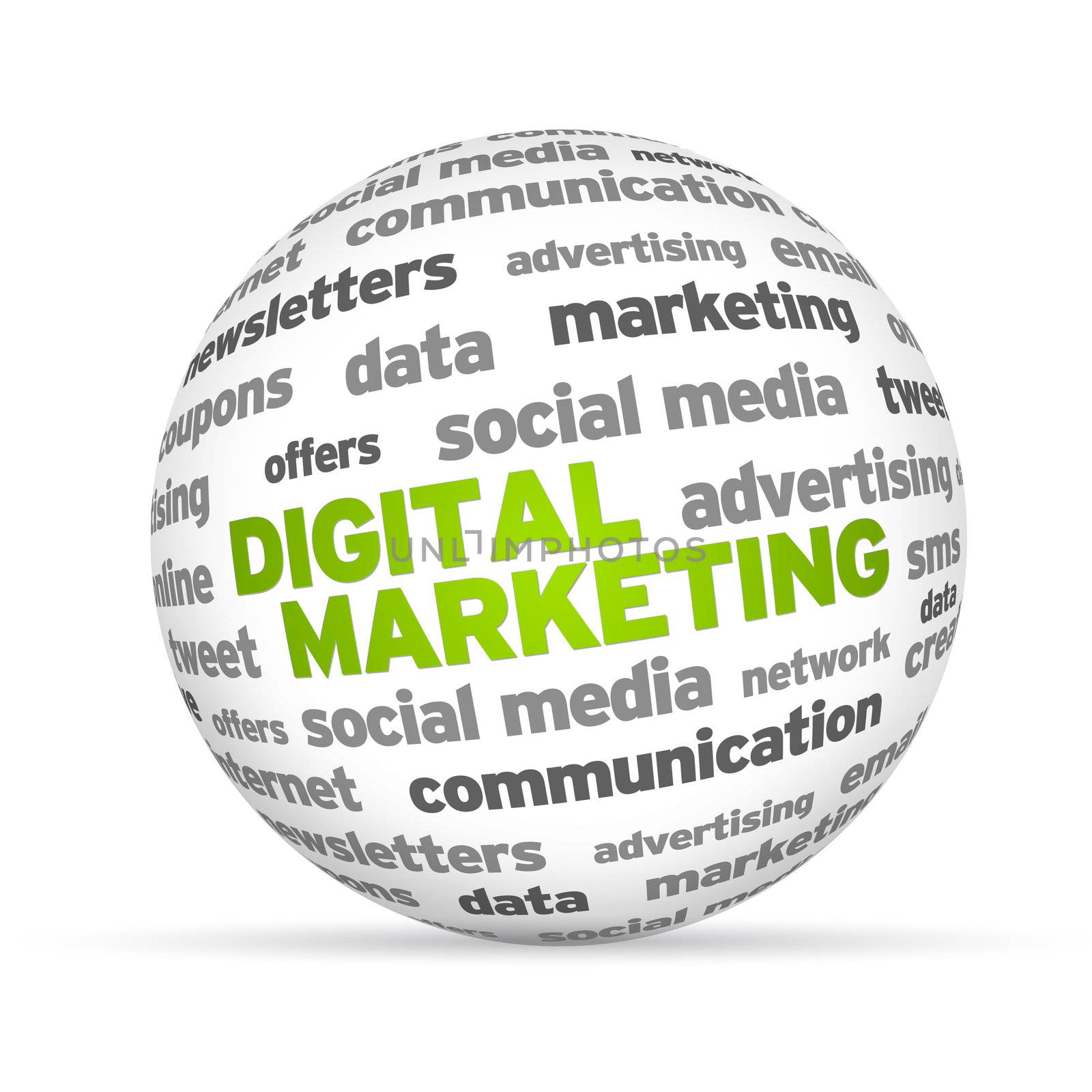 Digital Marketing Word 3d sphere on white background.  
