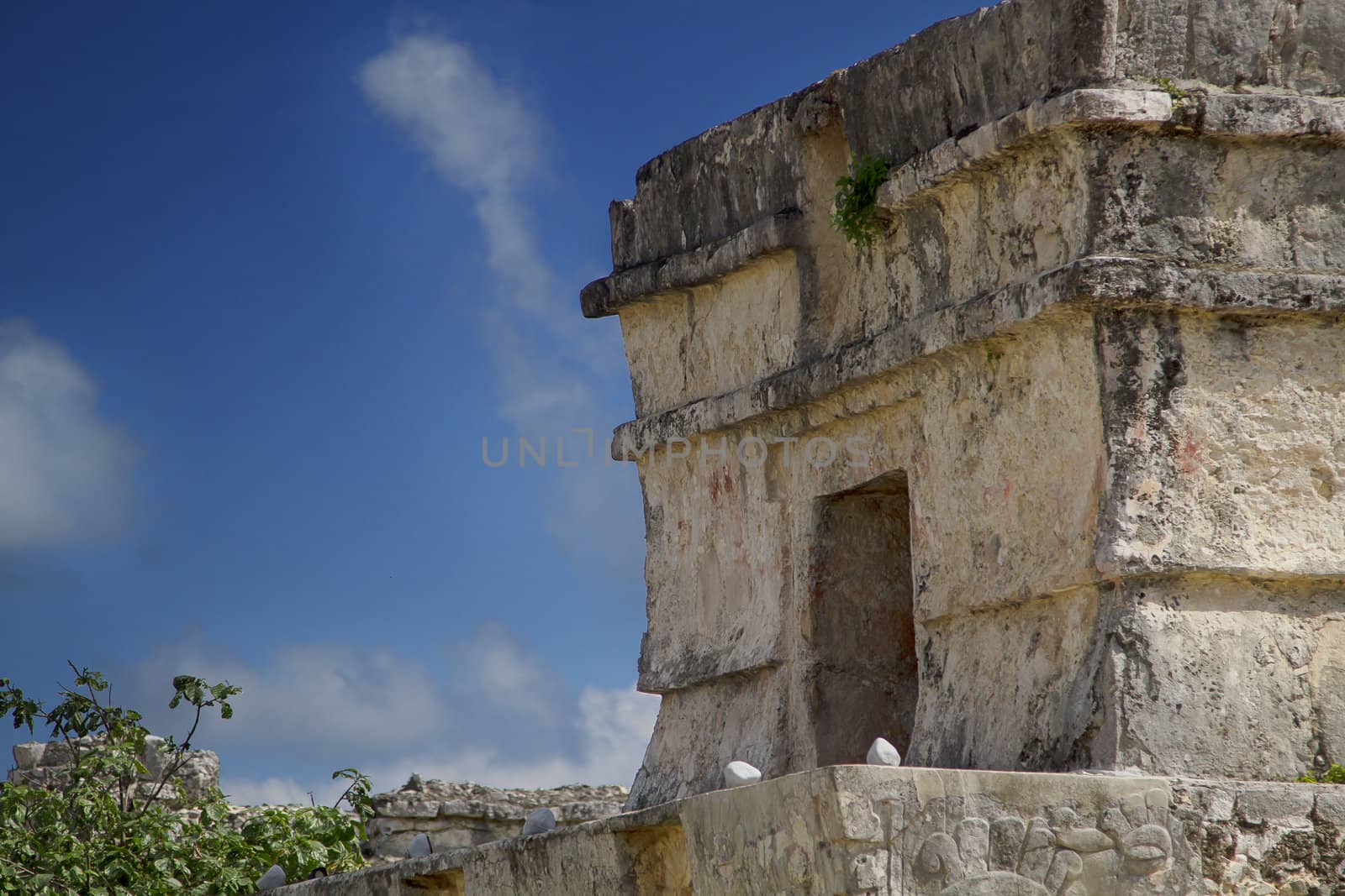 Close up view of a mayan temple entrance
