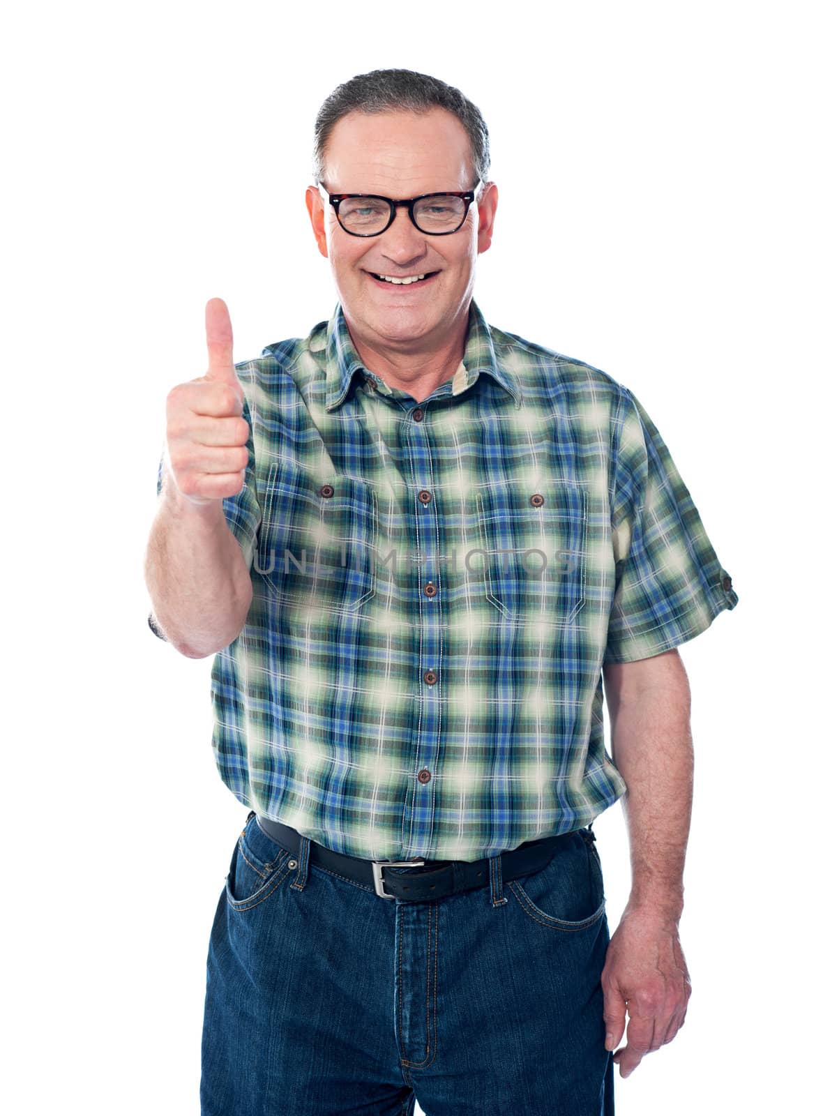 Casual old man showing thumbs-up sign to camera isolated over white background