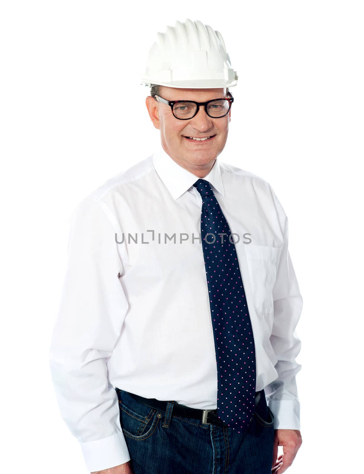 Handsome smiling aged engineer with hard hat on his head isolated on white