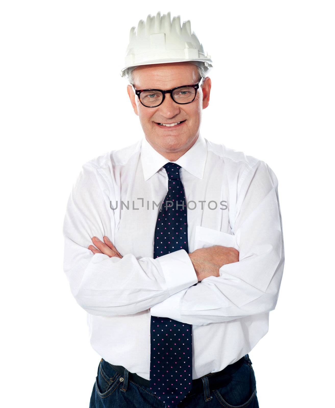 Portrait of happy senior foreman with hard hat. Posing with crossed arms