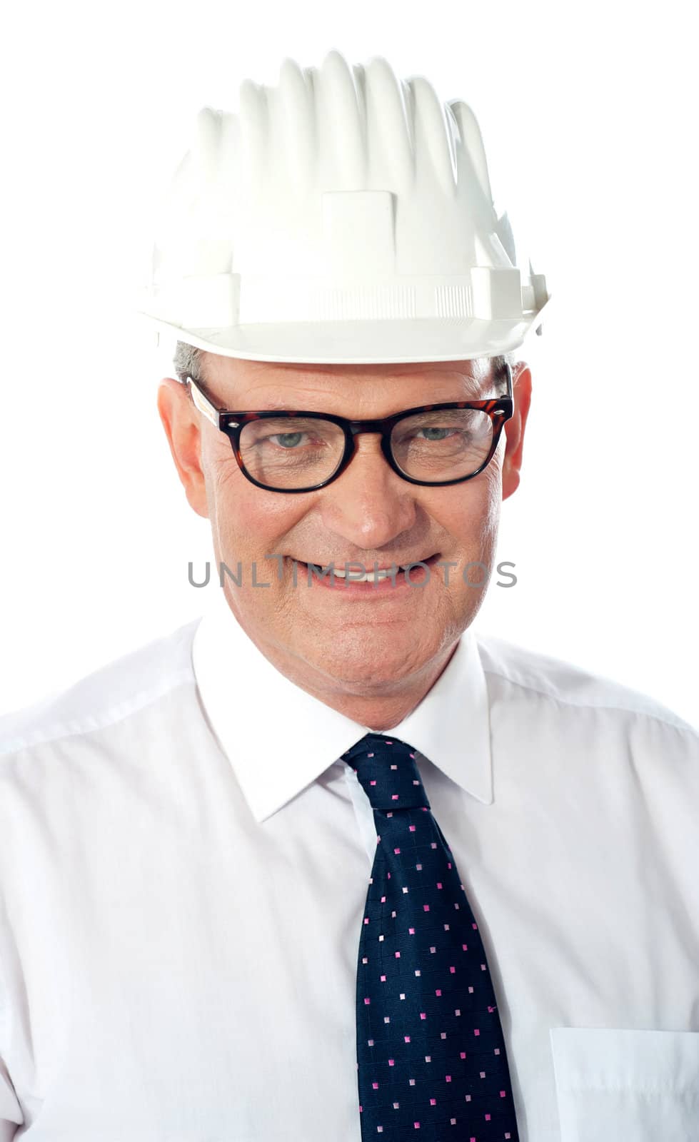 Studio shot of a senior archictect, closeup. Isolated over white