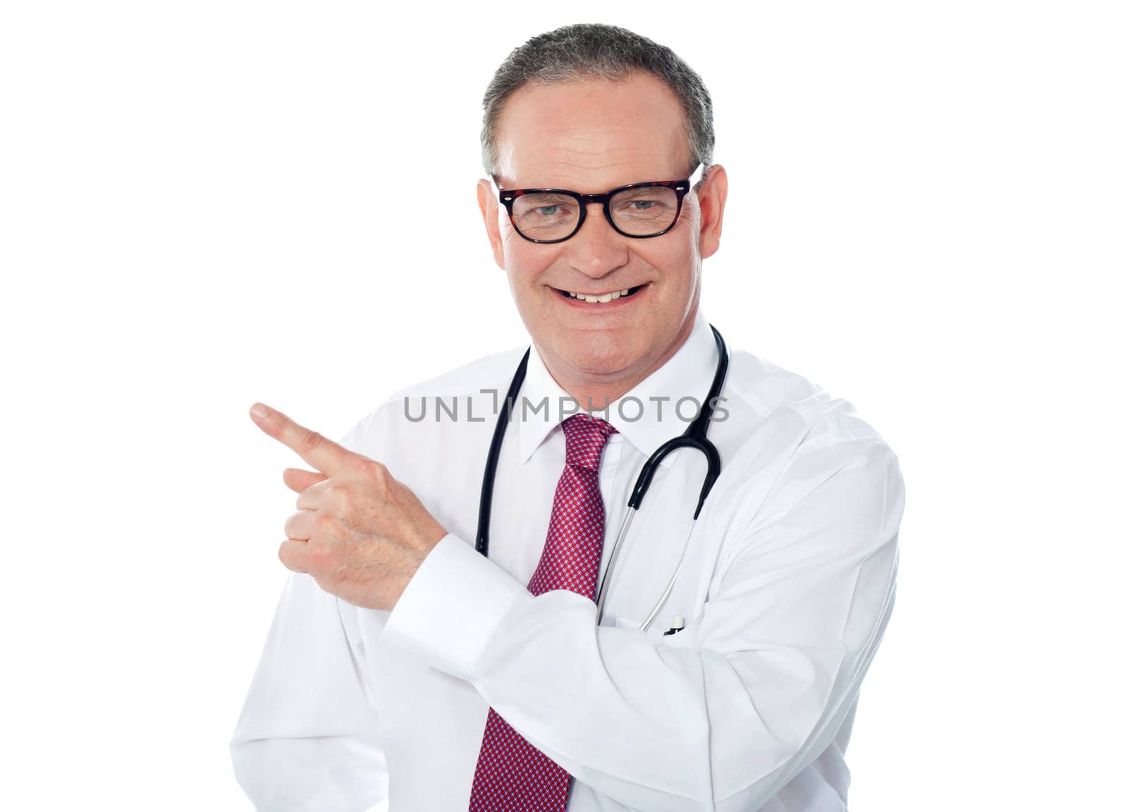 Medical professional pointing away. Stethoscope around his neck
