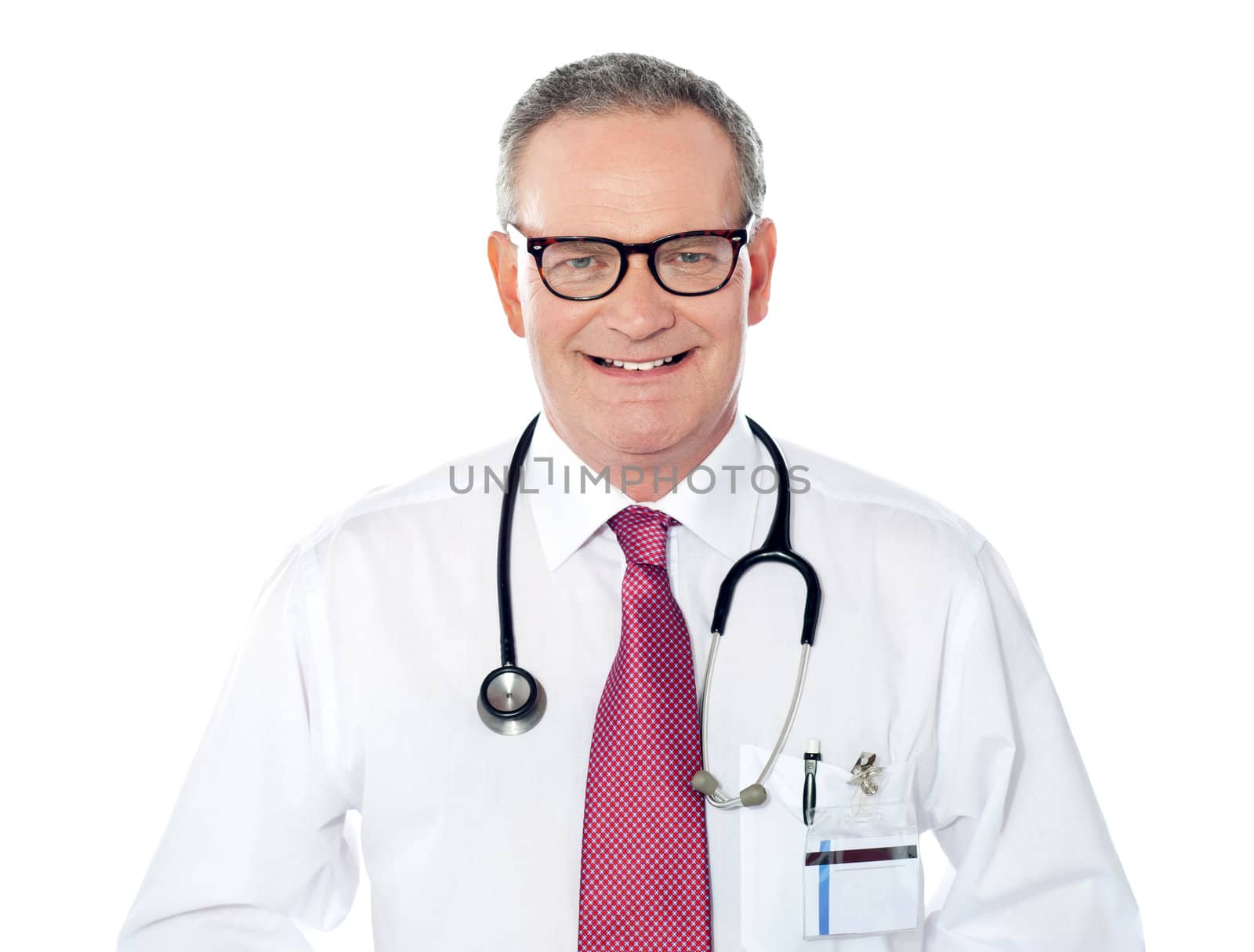Portrait of caucasian doctor smiling isolated over white background