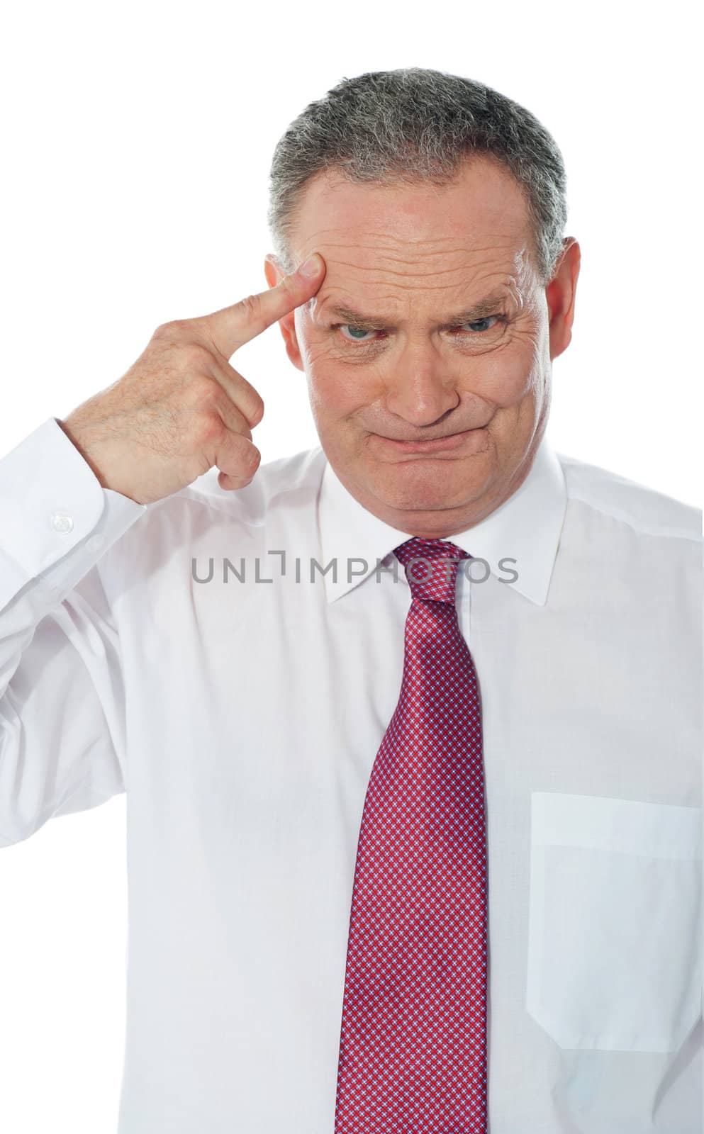 Confused matured corporate man with finger on his head