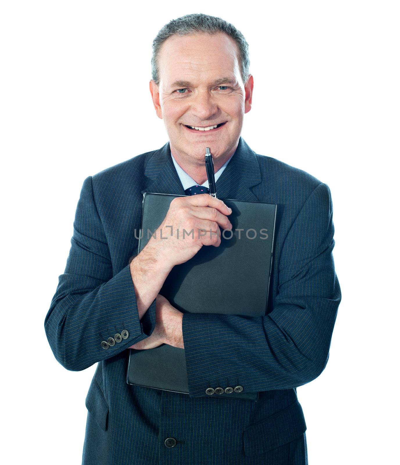 Corporate person holding document and smiling at camera