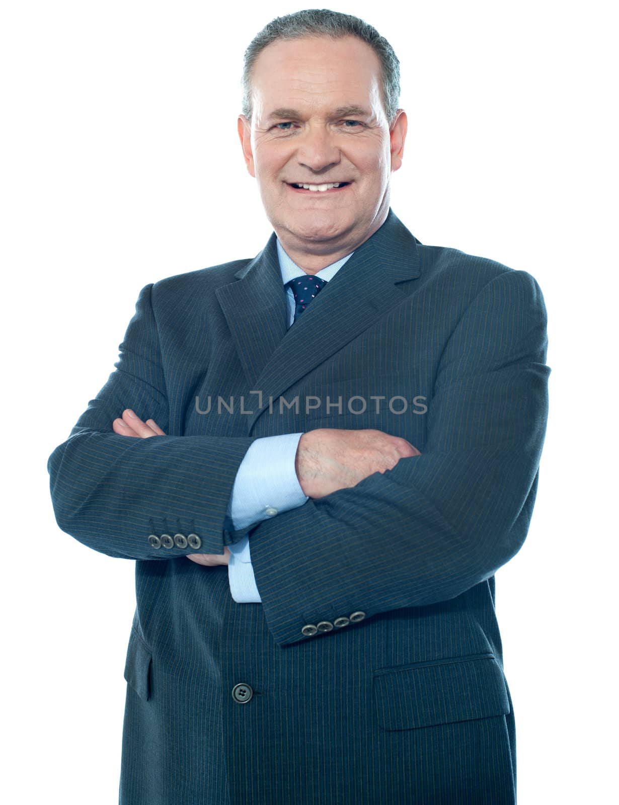 Matured businessperson with crossed arms on white background