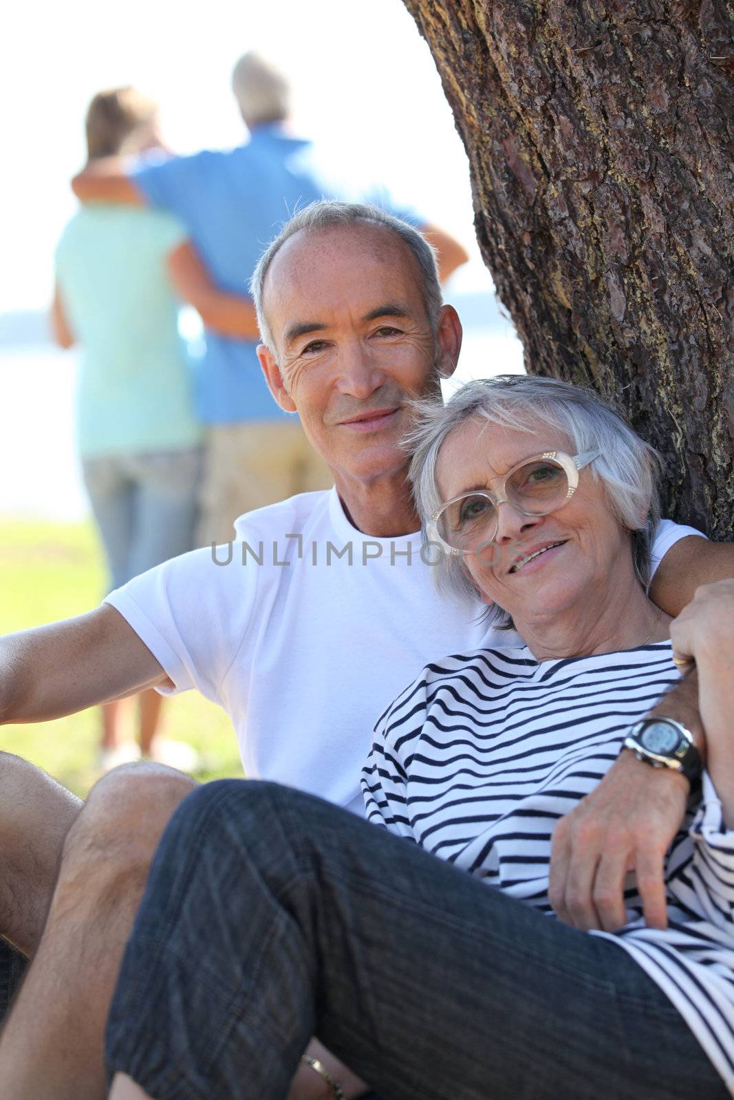 Senior couple sitting by a tree in the summertime