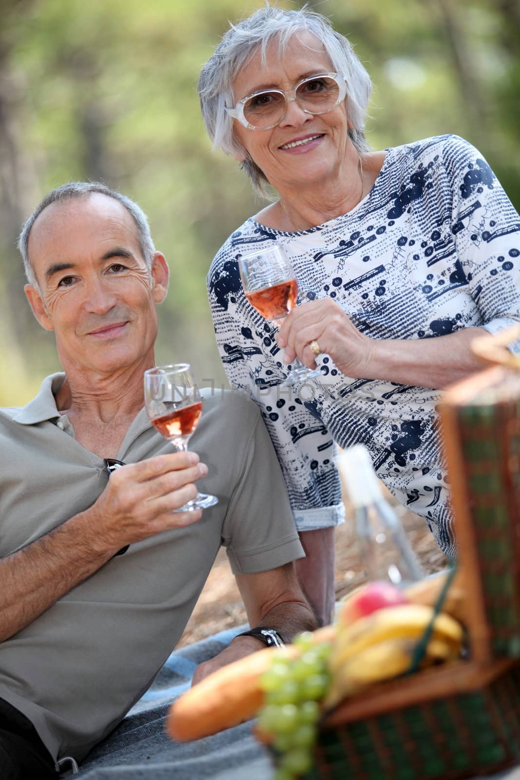 Older couple drinking rose wine with a picnic by phovoir