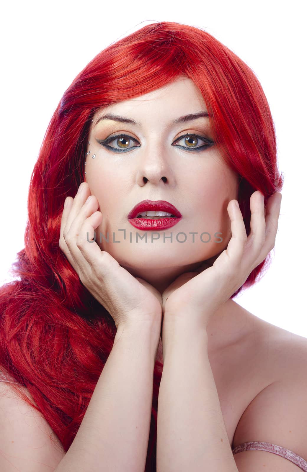 Portrait of beautiful woman, she has red lipstick
