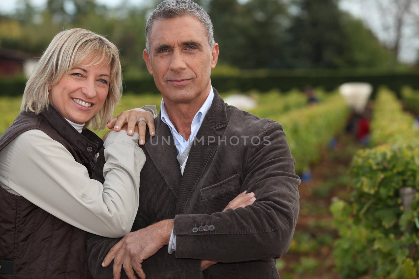 Winegrowers in front of vineyard by phovoir