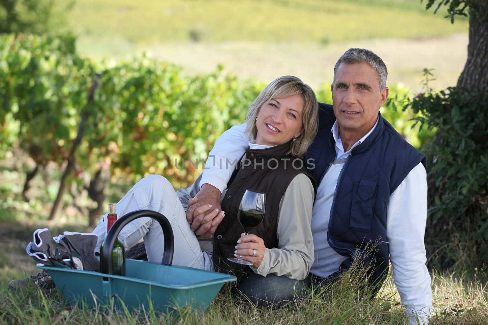 Couple sitting in front of vineyard