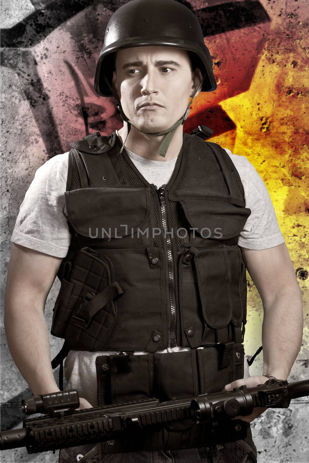 Armed police against urban texture background colors orange by FernandoCortes