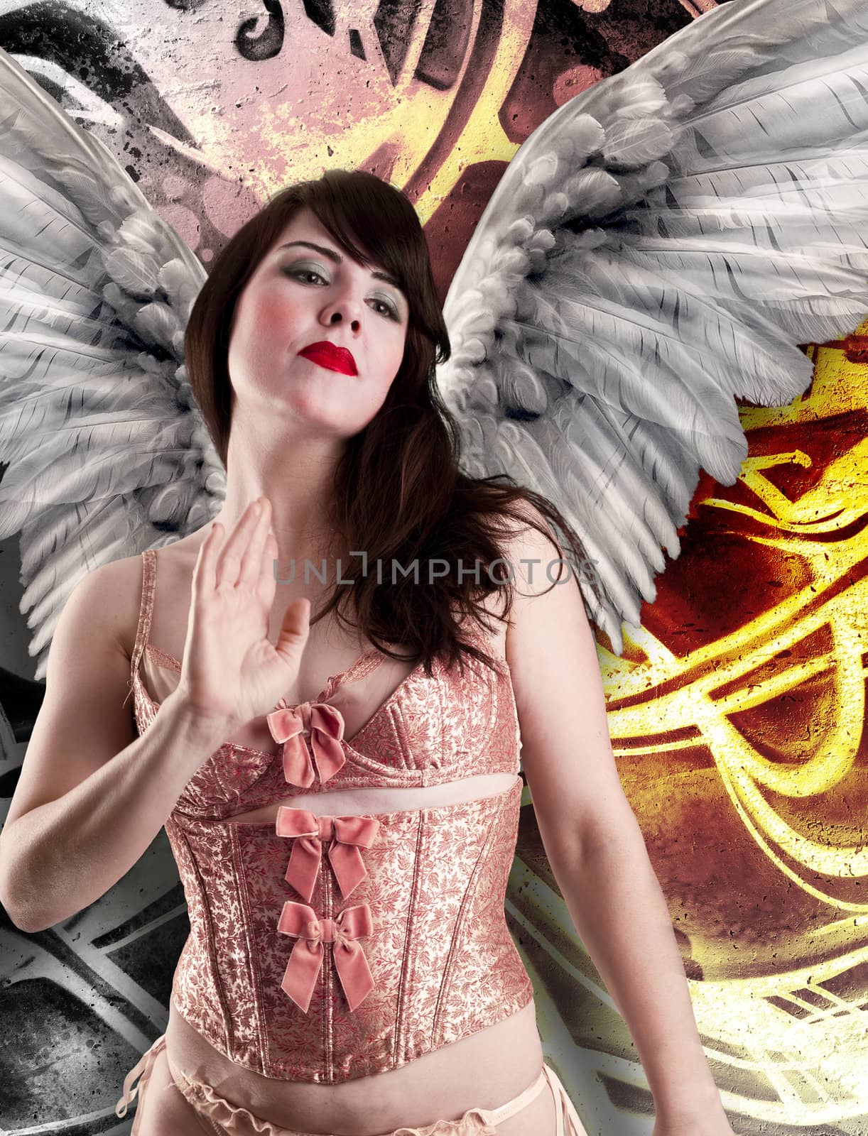 Sweet woman angel in lingerie, over graffiti background. by FernandoCortes