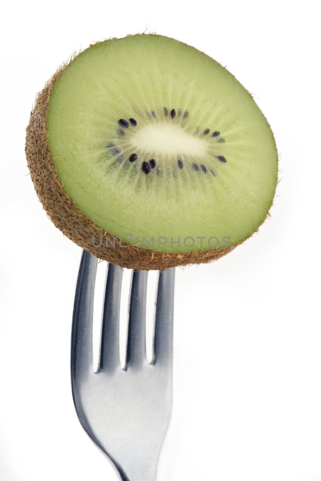 slice of kiwi pierced on a fork against plain background